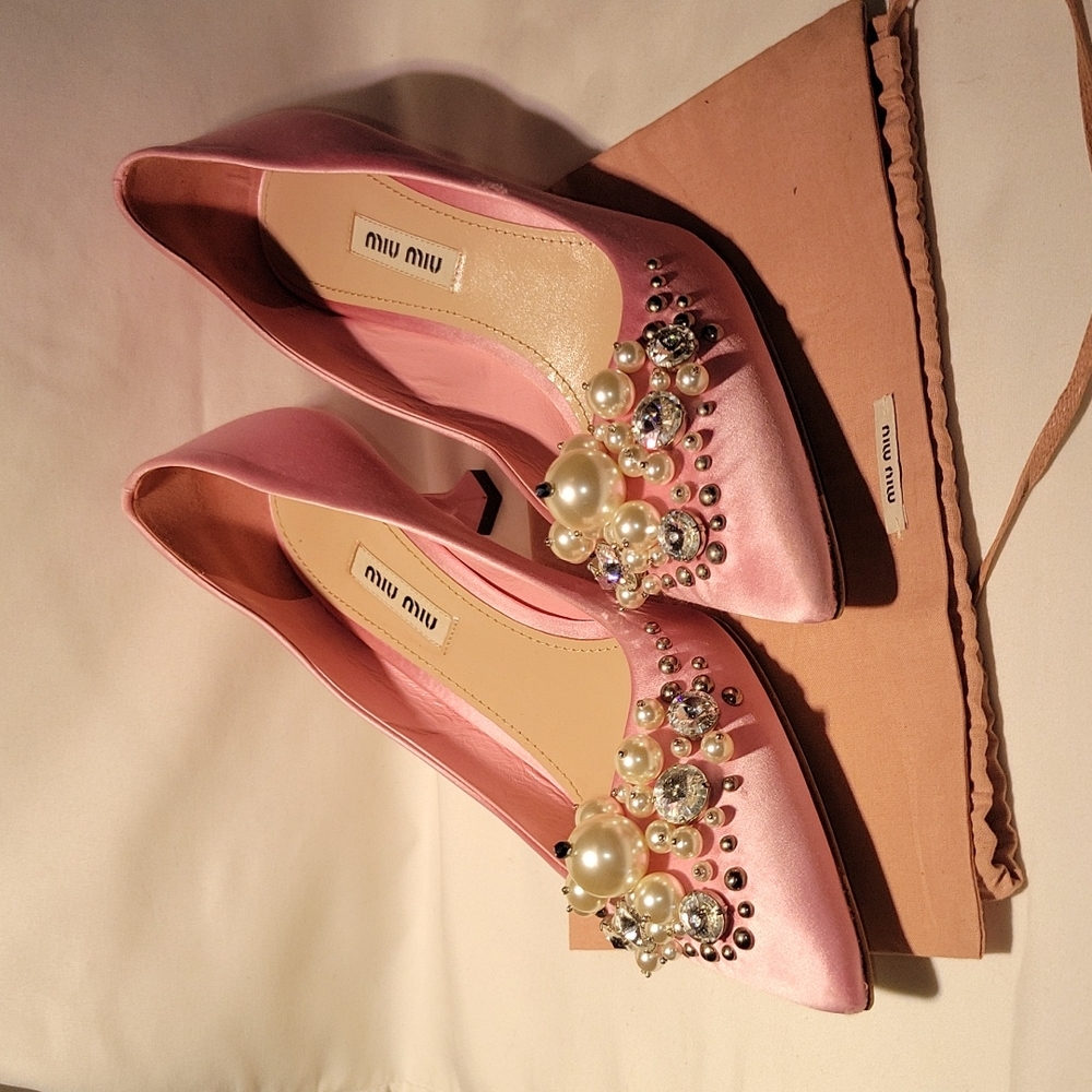 MIU MIU pointed toe embellished satin pumps heels pearls crystals studs beads